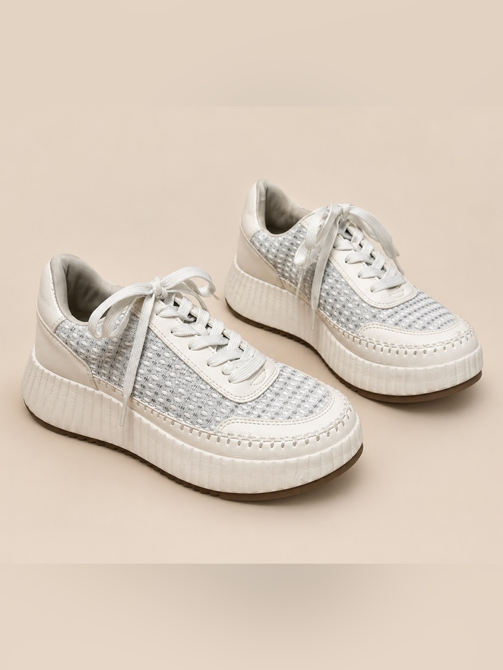 Dolce Vita Fay Platform Sneakers White Mesh Woven Lace Up Shoes 6.5 Coastal Chic